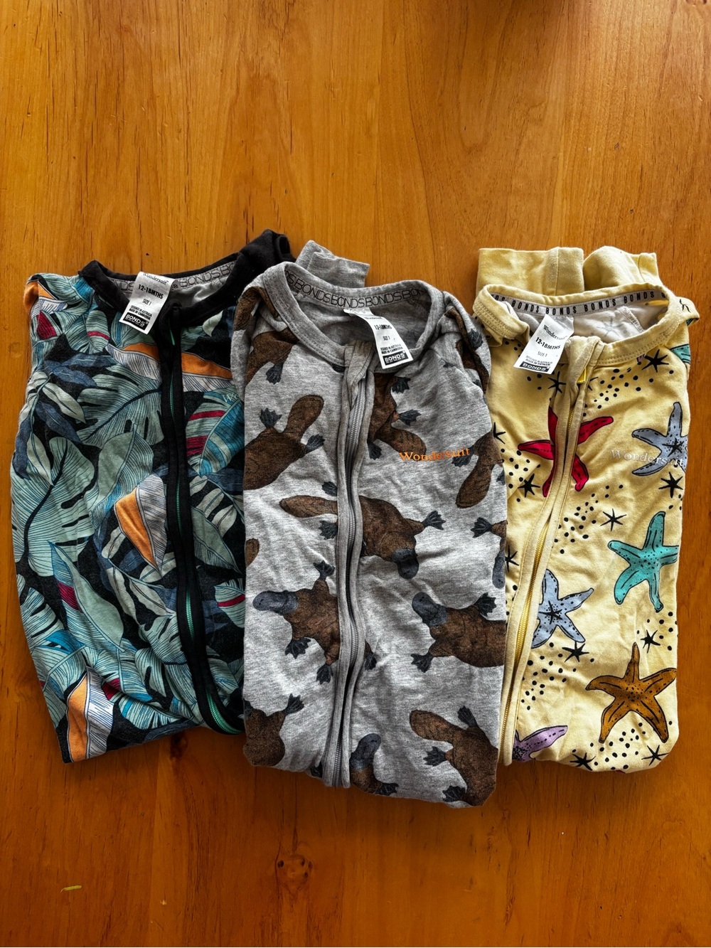 Bonds wondersuits 12-18mo platypus, starfish, tropical designs